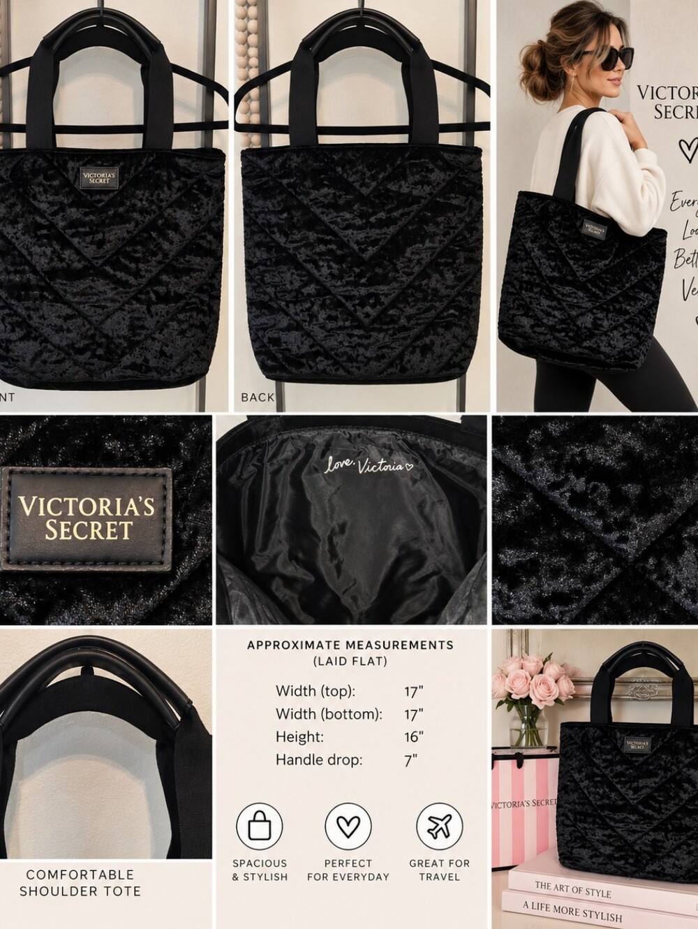 Victoria’s Secret Black Crushed Velvet Quilted Tote Bag NWOT